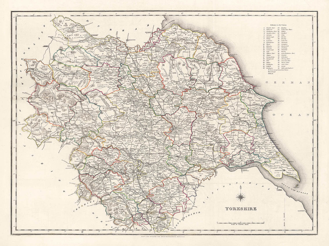Antigua mapa de Yorkshire por Samuel Lewis, 1844: Leeds, Sheffield, Bradford, Kingston upon Hull y York 
