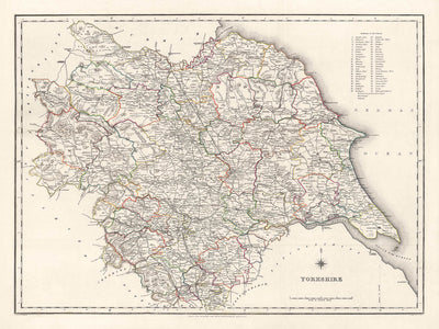 Antigua mapa de Yorkshire por Samuel Lewis, 1844: Leeds, Sheffield, Bradford, Kingston upon Hull y York 