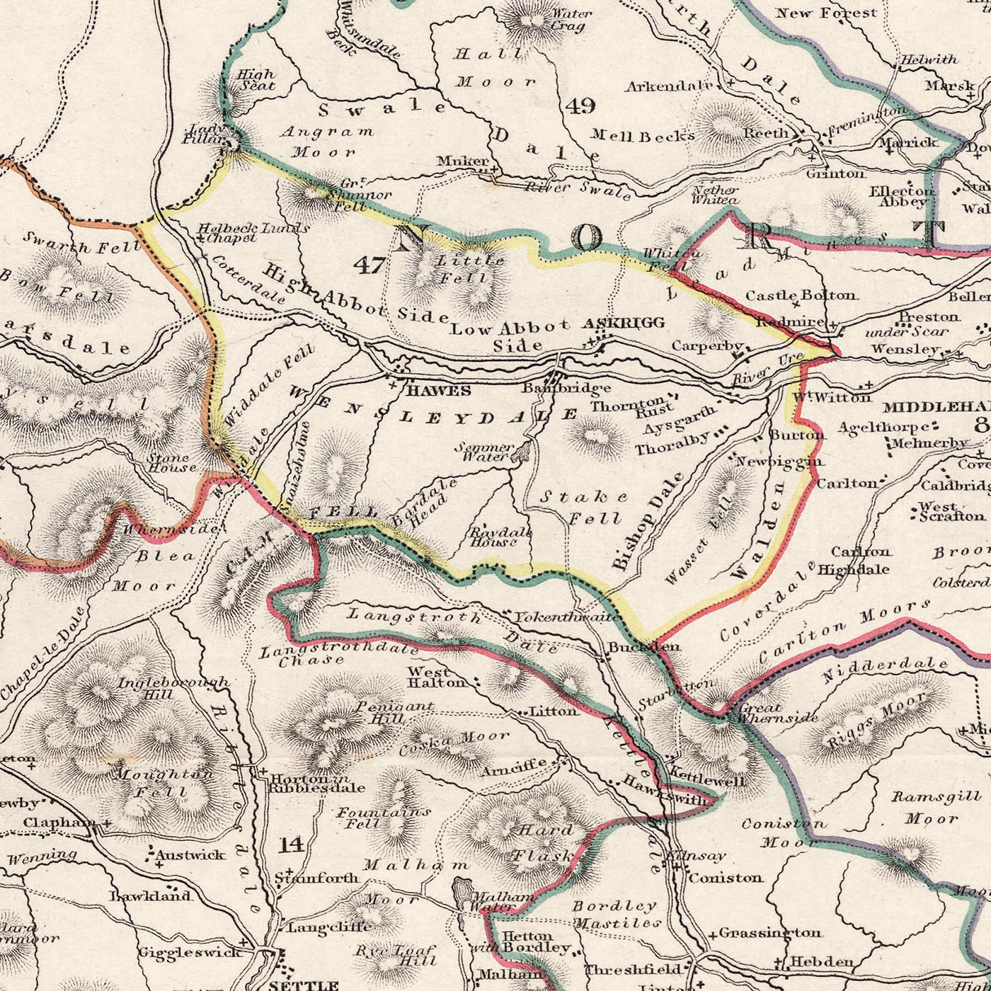 Ancienne carte du Yorkshire par Samuel Lewis, 1844 : Leeds, Sheffield, Bradford, Kingston upon Hull et York 