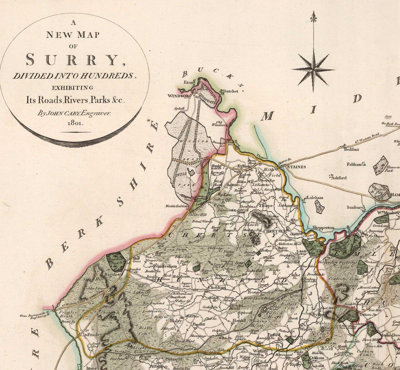 Antiguo mapa de Surrey en 1801 por John Cary - Guildford, Haslemere, Streatham, Reigate, Dorking