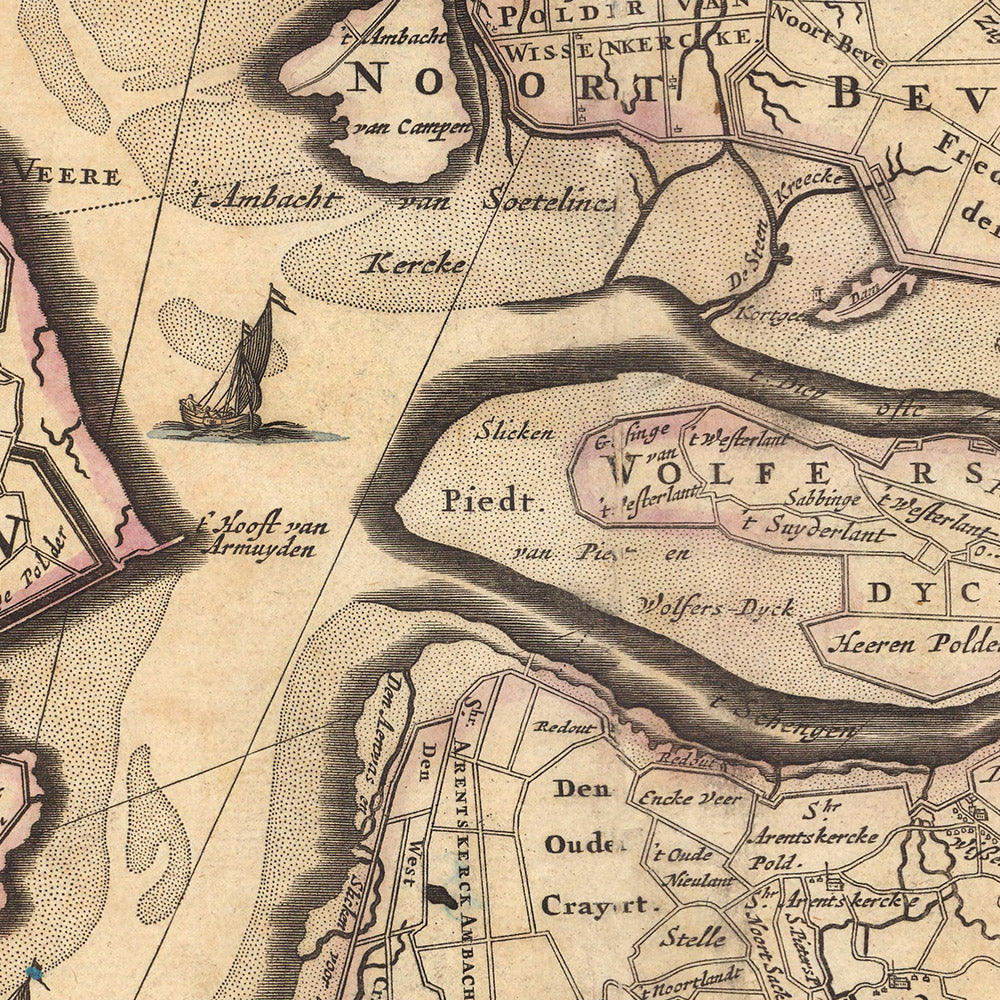 Old Map of Zeeland by Visscher, 1690: Terneuzen, Vlissingen, Bergen op Zoom, Goes, Middelburg