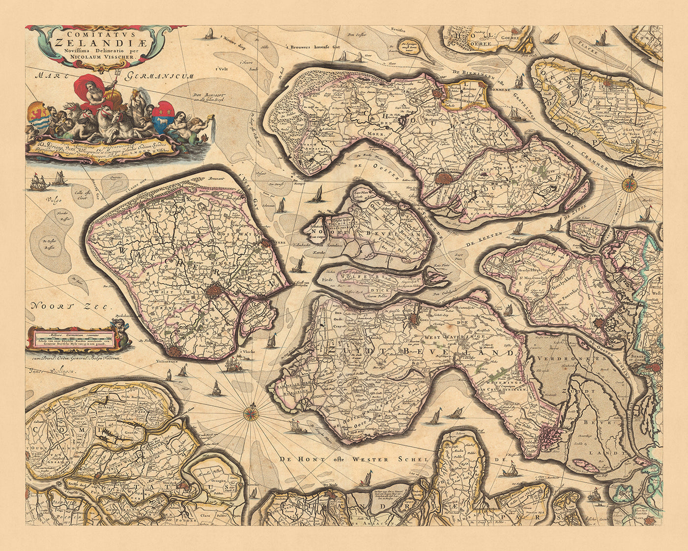Old Map of Zeeland by Visscher, 1690: Terneuzen, Vlissingen, Bergen op Zoom, Goes, Middelburg