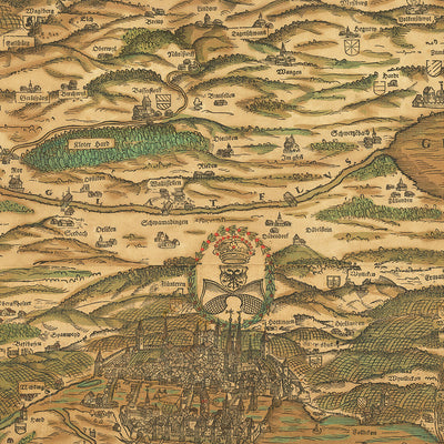 Antiguo mapa pictórico de Zurich por Murer, 1566: Zurich, Winterthur, lago de Zurich, montañas, cabezas de viento