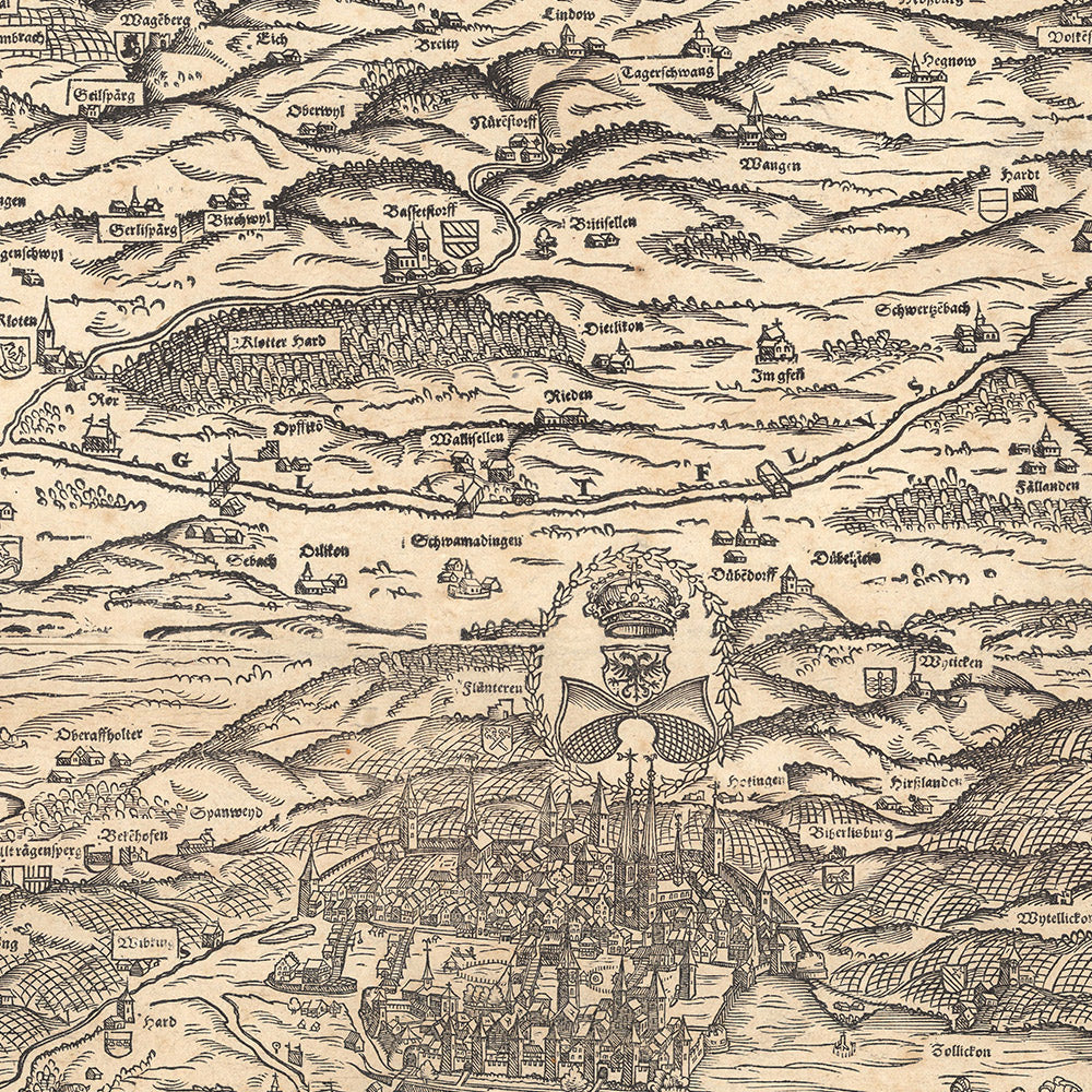 Mapa antiguo ilustrado de Zúrich, realizado por Murer en 1566: Zúrich, Winterthur, lago de Zúrich, montañas y puntos de referencia del viento