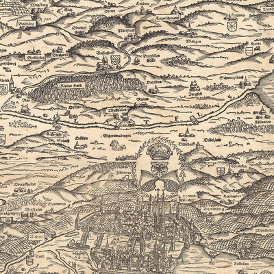 Ancienne carte picturale de Zurich par Murer, 1566 : Zurich, Winterthour, lac de Zurich, montagnes, têtes de vent