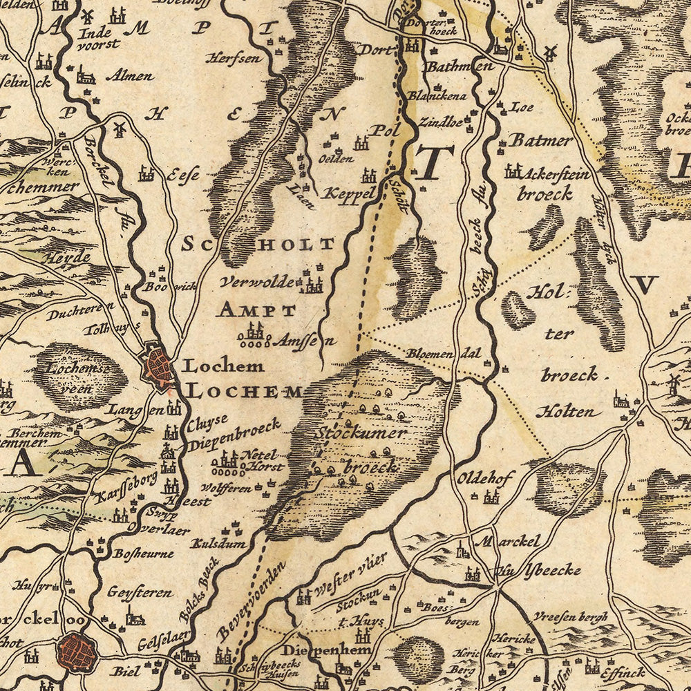 Mapa antiguo de Zutphen por Visscher, 1690: Apeldoorn, Arnhem, Nijmegen, Deventer, Parque Nacional De Hoge Veluwe
