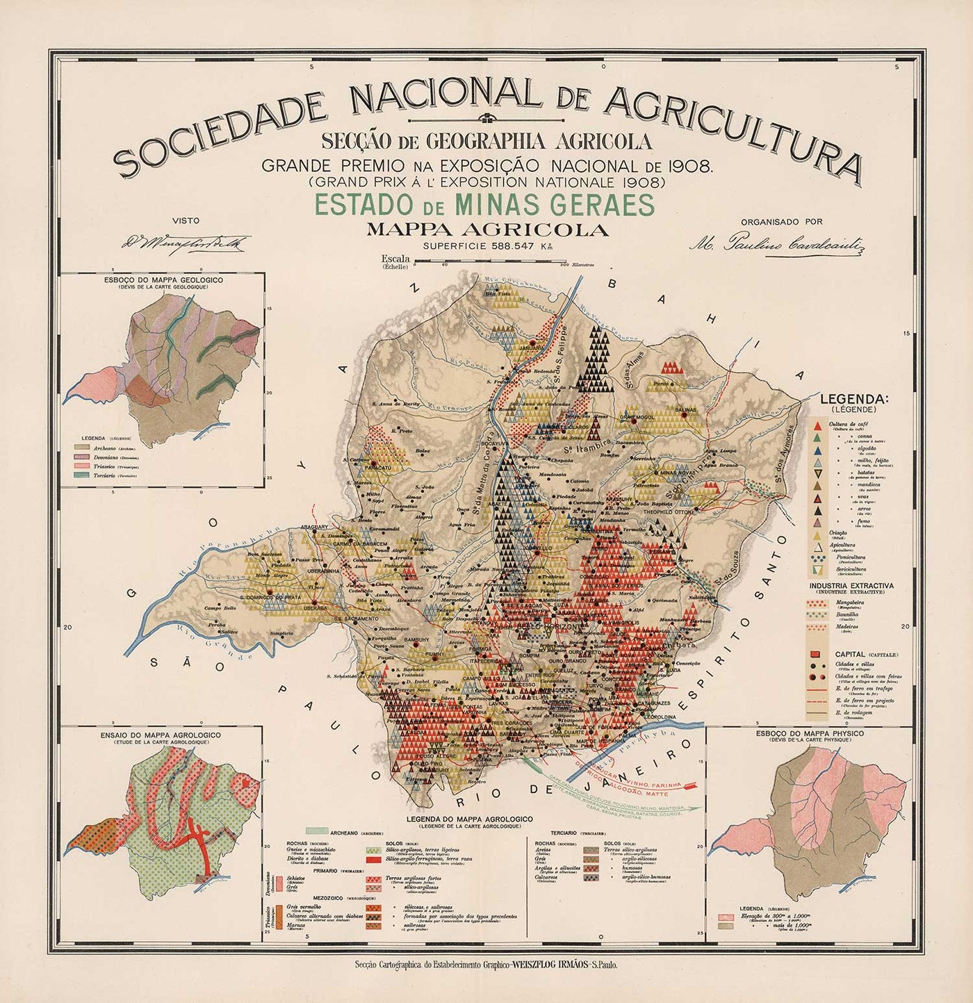 Mapa antiguo de Minas Gerais, Brasil en 1908 - Agricultura, Geología, Rocas, Suelo - Belo Horizonte, Uberlandia, Uberaba, Juiz de Fora, Curvelo