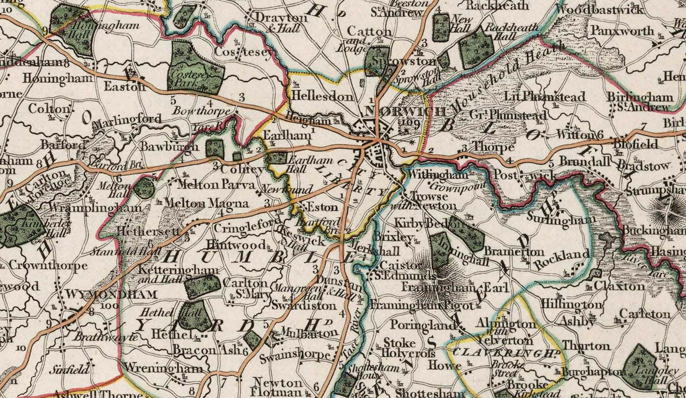 Antiguo mapa de Norfolk en 1807 por John Cary - Norwich, Cromer, Great Yarmouth, Thetford, King's Lynn