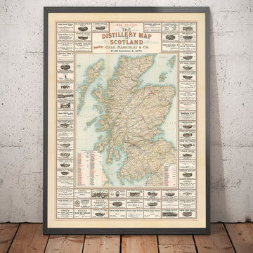 Ancienne carte des distilleries écossaises en 1902 par John Bartholomew - Whiskey, Spiritueux, Alcool, Edimbourg, Glasgow