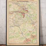 Ancienne carte des vignobles de Champagne, France, 1944 par Louis Larmat - Reims, Epernay, Troyes, Chatau-Thierry, Bar-Sur-Seine