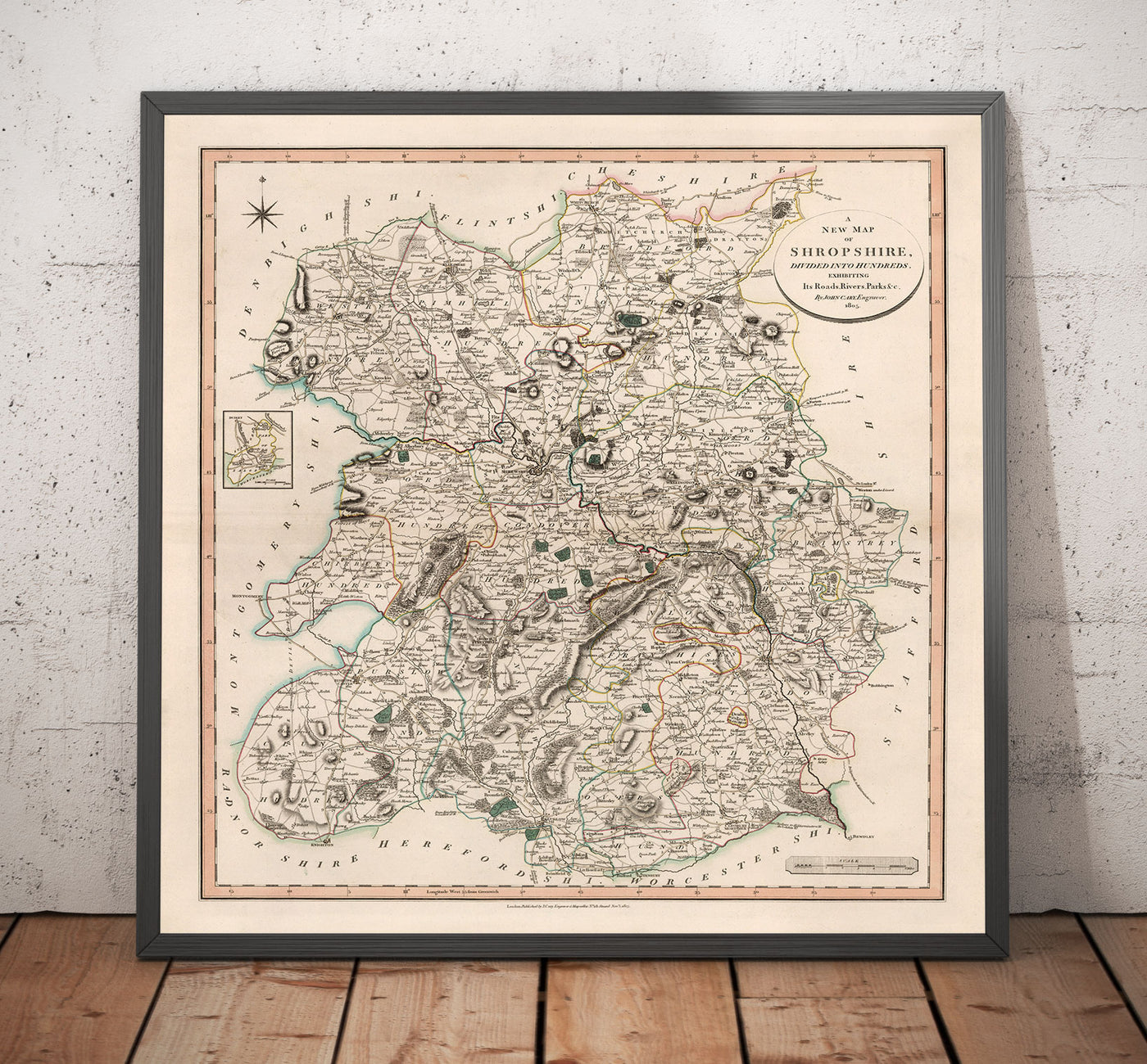 Antiguo mapa de Shropshire en 1805 por John Cary - Shrewsbury, Bridgnorth, Ludlow, Ironbridge, Oswestry