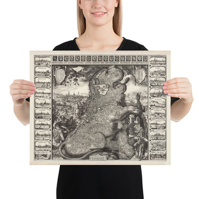 Ancienne carte Leo Belgicus des Pays-Bas en 1611 par C. Janszoon Visscher - Pays-Bas, Belgique, Bruxelles, Amsterdam, Genk