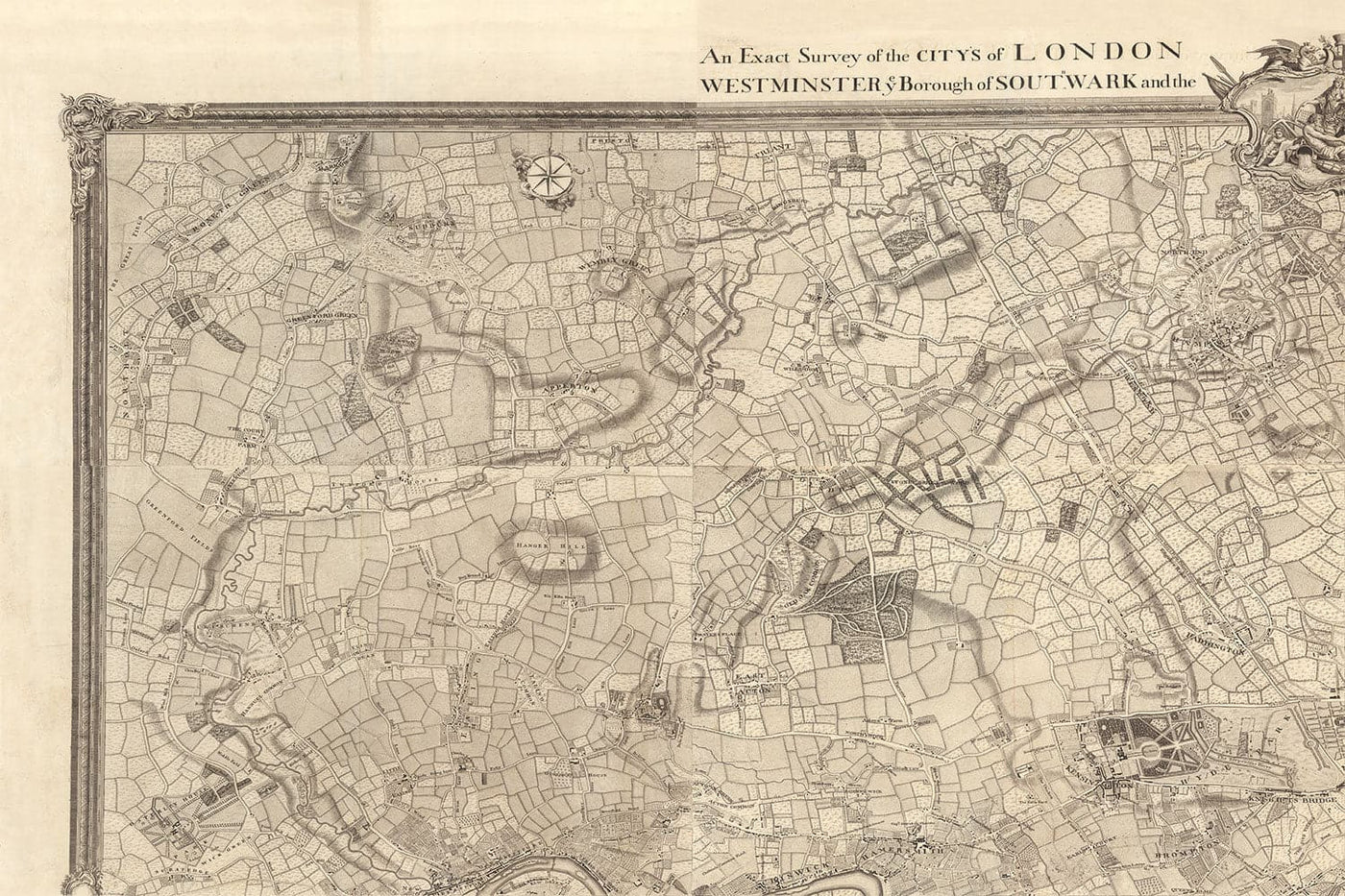 Ancienne carte de Londres en 1746 - 4 parties, panneaux encadrés, sans cadre - John Rocque Quadriptych
