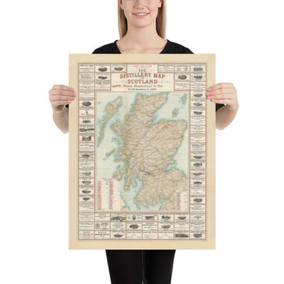 Ancienne carte des distilleries écossaises en 1902 par John Bartholomew - Whiskey, Spiritueux, Alcool, Edimbourg, Glasgow