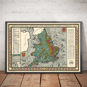 Old Map of Agriculture & Fisheries in England and Wales by Macdonald Gill - Poultry, Dairy, Crops, Produce, Farms