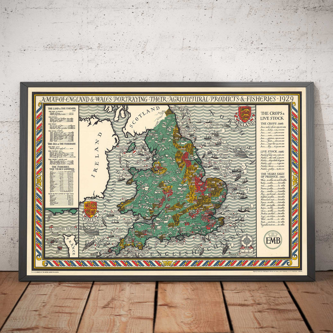 Alte Karte der Landwirtschaft und Fischerei in England und Wales von Macdonald Gill - Geflügel, Molkerei, Feldfrüchte, Produkte, Bauernhöfe