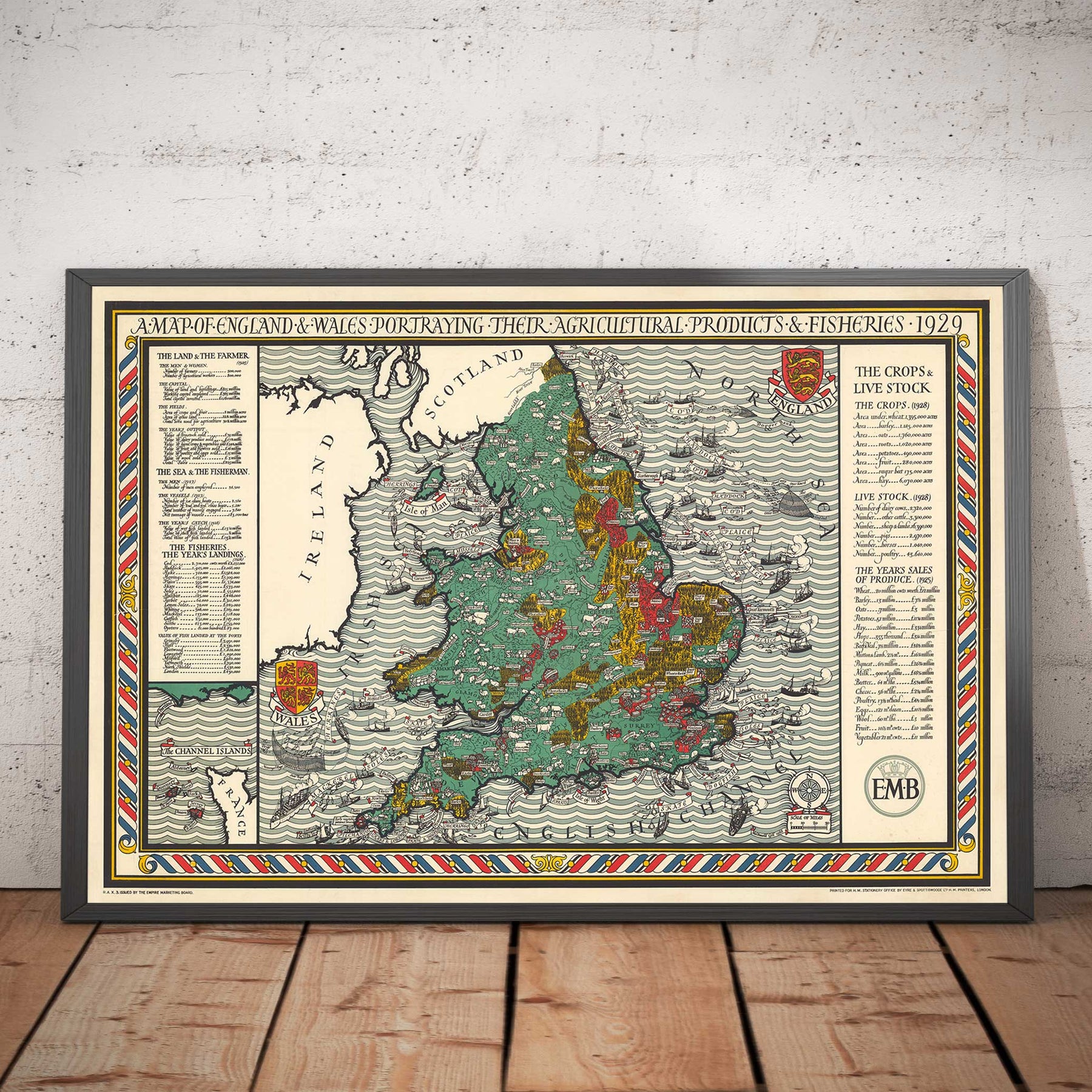 Old Map of Agriculture & Fisheries in England and Wales by Macdonald Gill - Poultry, Dairy, Crops, Produce, Farms