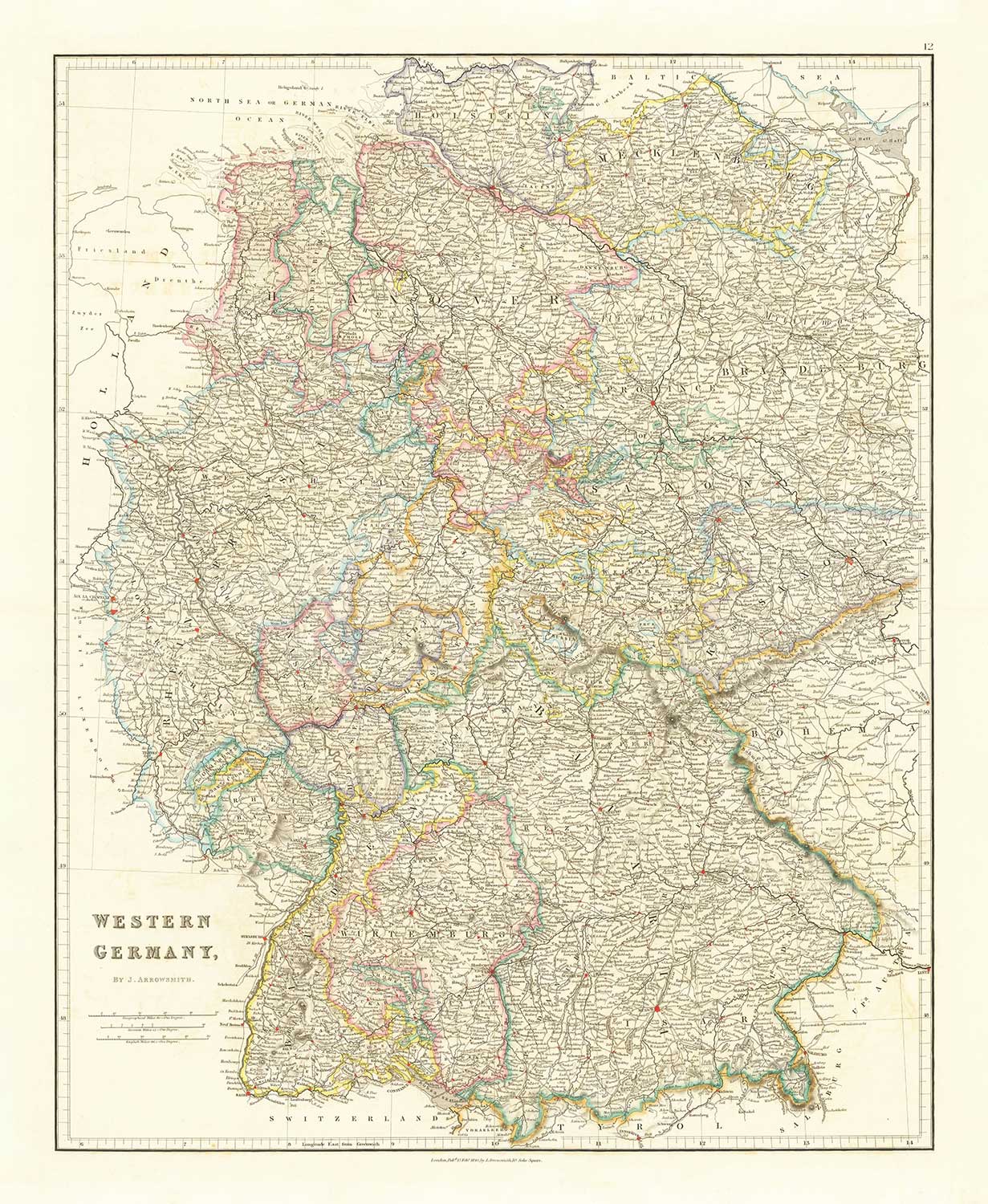 Alte Karte von Westdeutschland von John Arrowsmith aus dem Jahr 1862 - Berlin, München, Stuttgart, Hannover, Nürnberg, Frankfurt