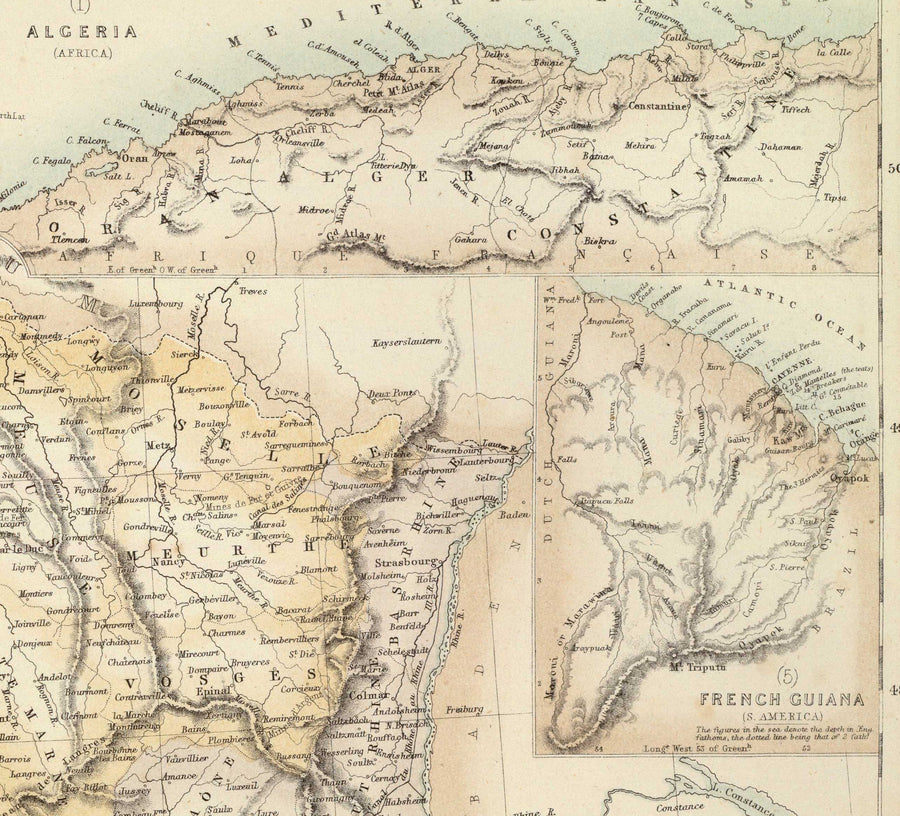 Mappa antica della Francia e delle sue possessioni straniere, 1872 di Archibald Fullarton - Algeria, Guiana Francese, Corsica, Le Alpi, Martinica 