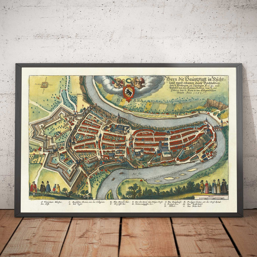 Vecchia mappa di Berna nel 1645 di Merian Matthaus - 300° anniversario della Confederazione svizzera 