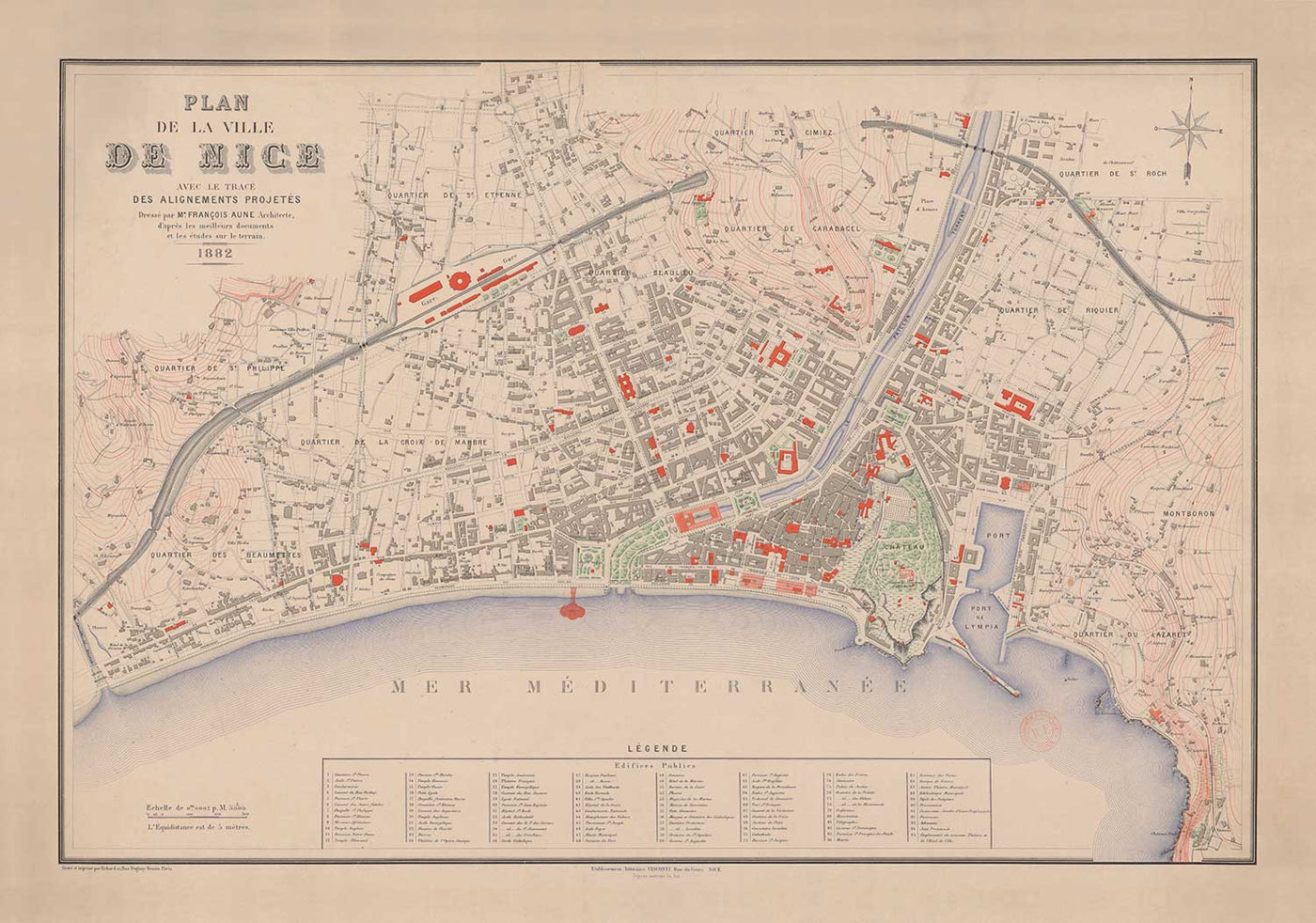 Mapa antiguo de Niza, Francia en 1882 por Francois Aune - Costa Azul, Promenade Des Anglais, Dubouchage, Mediterráneo