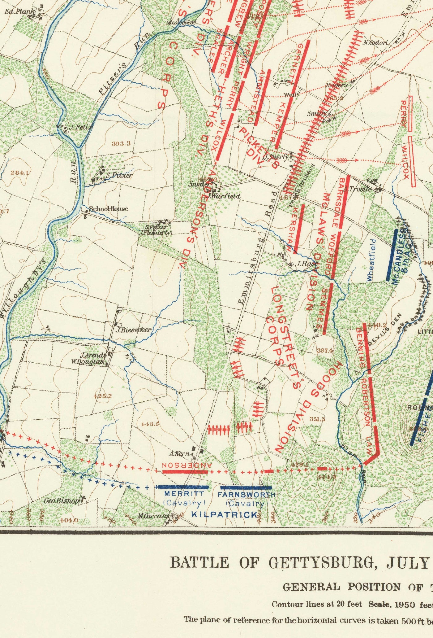Old Map of the Battle of Gettysburg in 1900 by Julius Bien - North vs. South, Confederacy vs. Union Civil War Chart