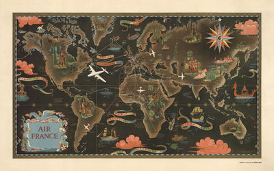 Mapa del mundo antiguo de Air France, 1947 de Lucien Boucher - Gráfico de pared de la ruta de los aviones grande - Arte de la aerolínea histórica