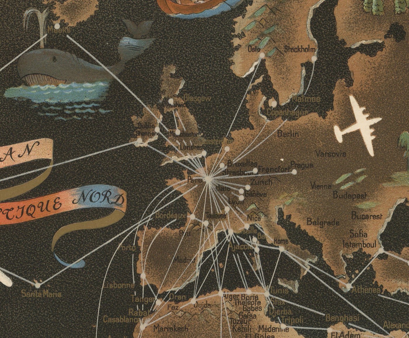 Old Air France World Carte, 1947 par Lucien Boucher - Grand parcours de route d'aéronefs - Art de la compagnie aérienne historique
