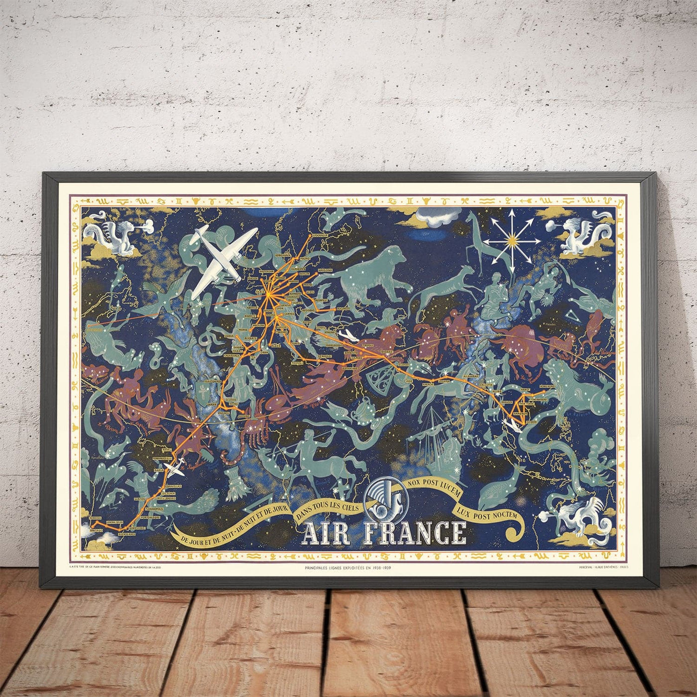 Alte Air France Zodiac World Map, 1939 von Lucien Boucher - Historische Flugzeuge Route Himmelsmauer.