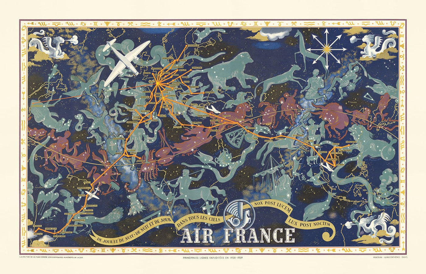 Alte Air France Zodiac World Map, 1939 von Lucien Boucher - Historische Flugzeuge Route Himmelsmauer.