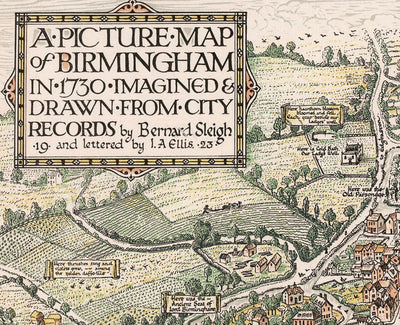 Ancienne carte picturale de Birmingham en 1730 par Bernard Sleigh