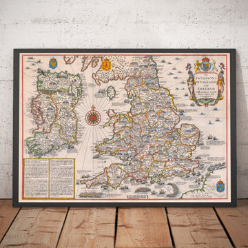 Old England And Ireland Map, 1676 - Invasions and Civil Wars Since 1066 - Antique Wall Art