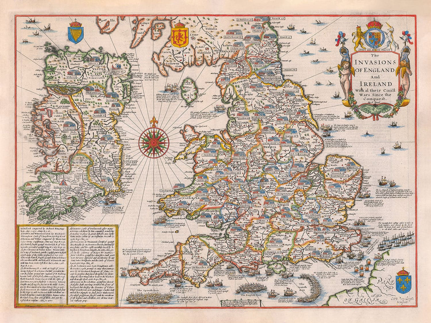 Alte England und Irland Karte, 1676 - Invasionen und Bürgerkriege seit 1066 - Antike Wandkunst