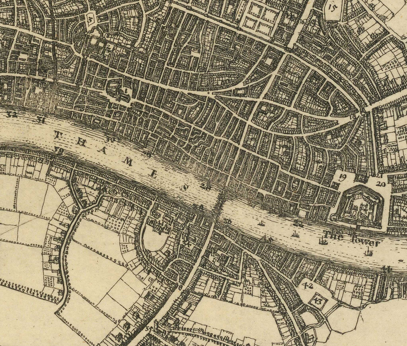 Mapa antiguo de antes del Gran Incendio de Londres, 1667 por Blome - Abadía de Westminster, Scotland Yard, Charring Cross, Puente de Londres