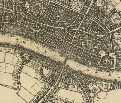 Mapa antiguo de antes del Gran Incendio de Londres, 1667 por Blome - Abadía de Westminster, Scotland Yard, Charring Cross, Puente de Londres