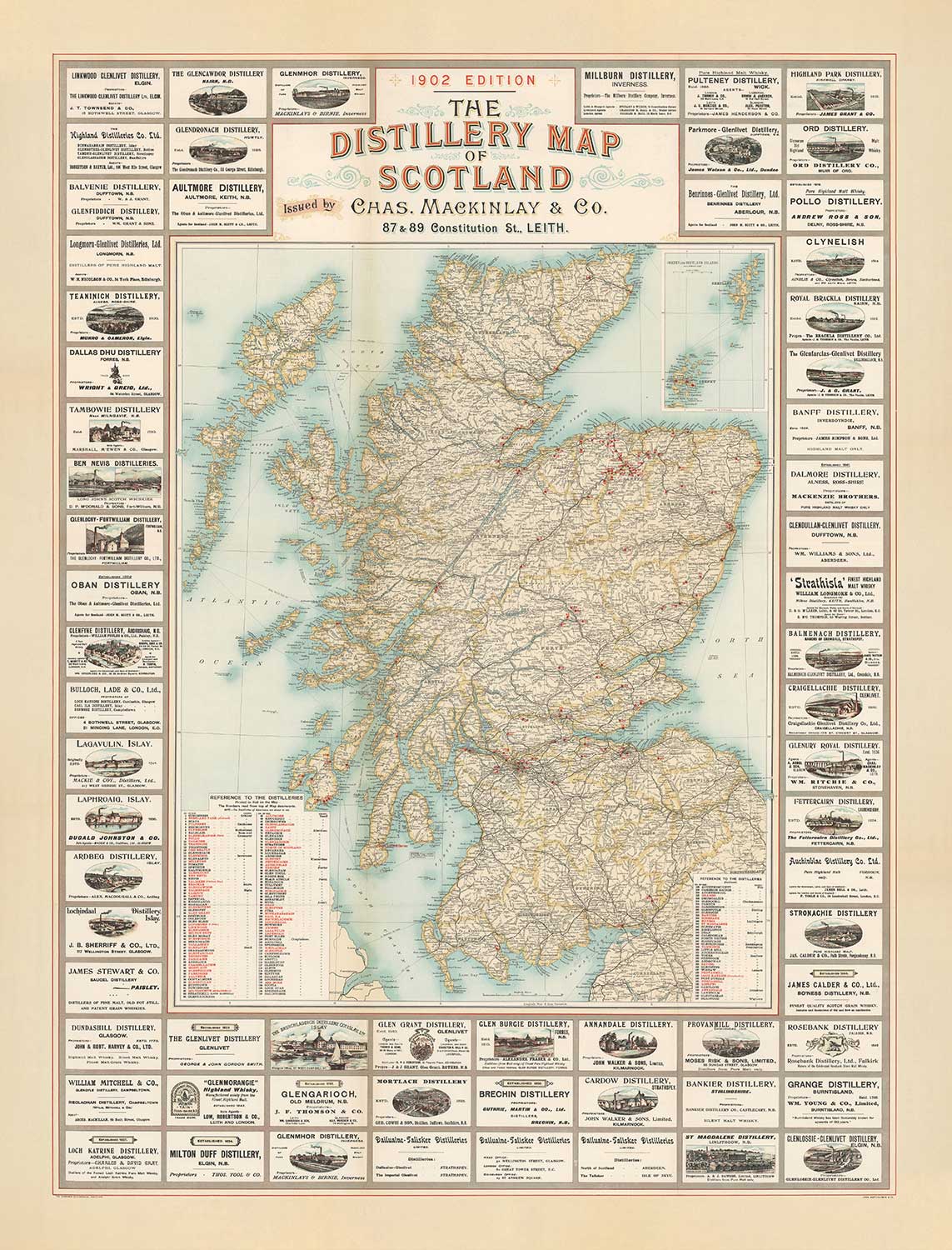 Ancienne carte des distilleries écossaises en 1902 par John Bartholomew - Whiskey, Spiritueux, Alcool, Edimbourg, Glasgow