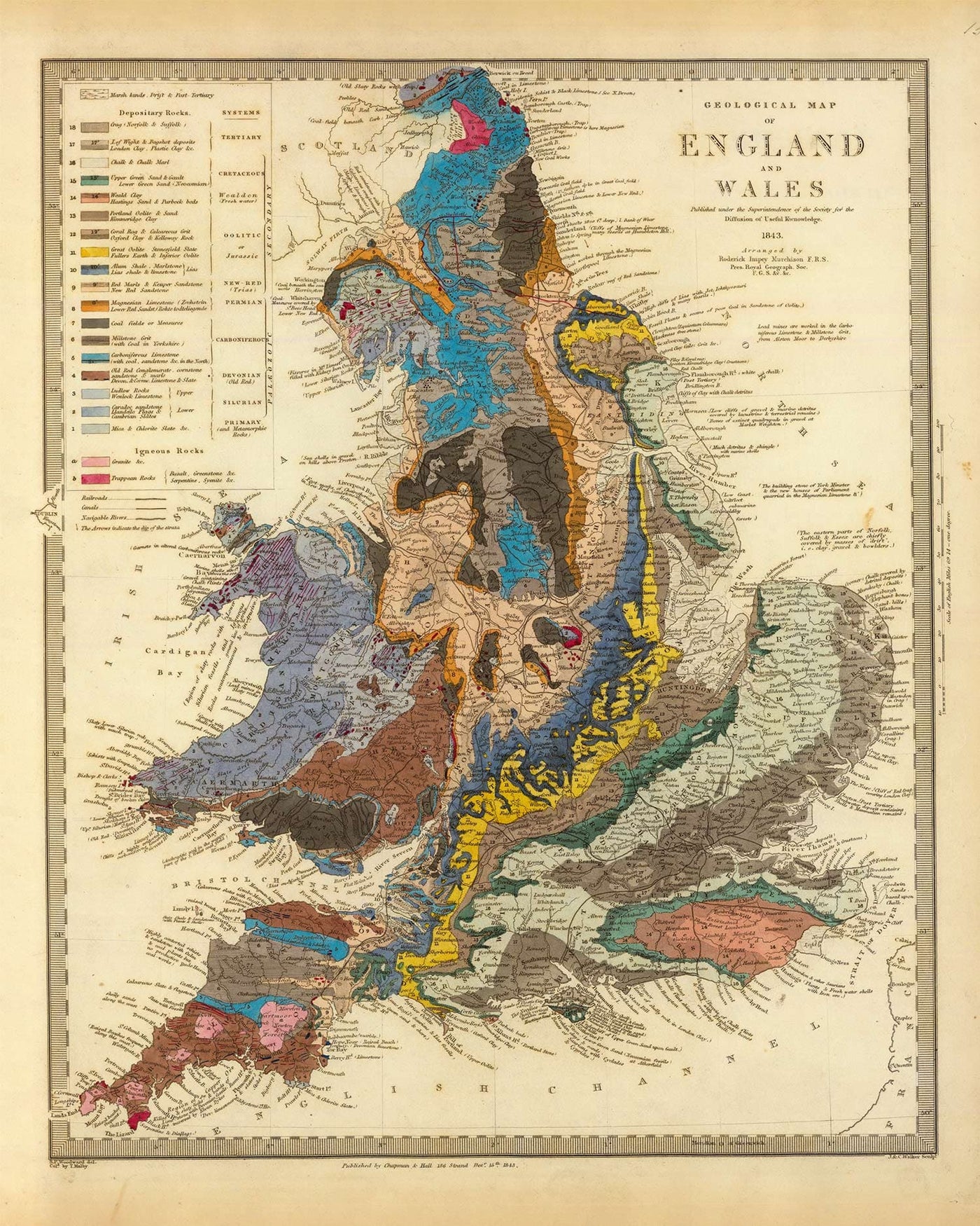 Máscara / Polaina para el cuello de Inglaterra - con un mapa geológico antiguo de Inglaterra y Gales por Roderick Impey Murchison, 1843