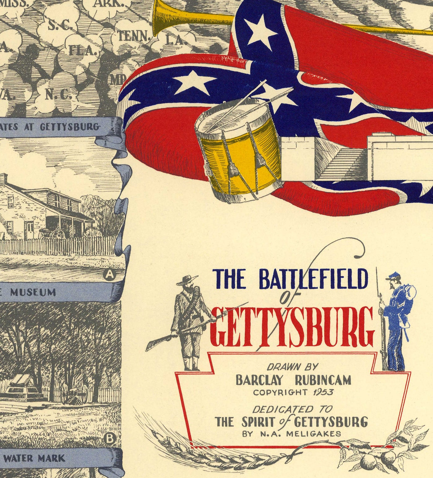 Old Map of the Battle of Gettysburg in 1953 by Barclay Rubincam - Civil War - Confederacy vs. Union Memorial Chart