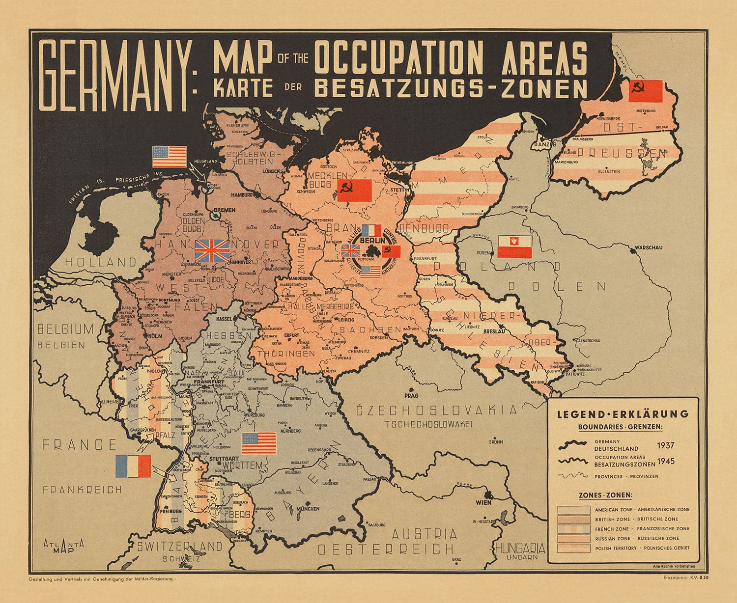Old Post World War 2 Germany Map - East & West Germany Potsdam Confere ...