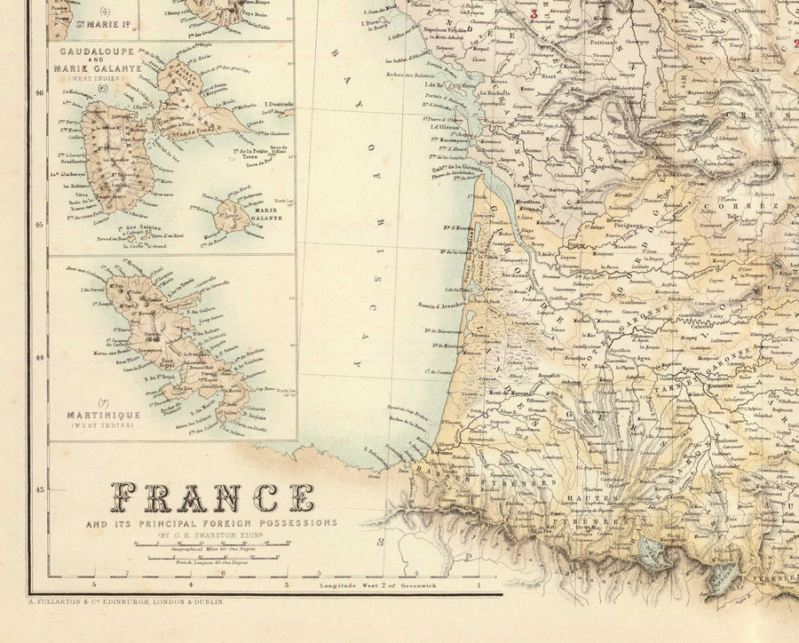 Mappa antica della Francia e delle sue possessioni straniere, 1872 di Archibald Fullarton - Algeria, Guiana Francese, Corsica, Le Alpi, Martinica 