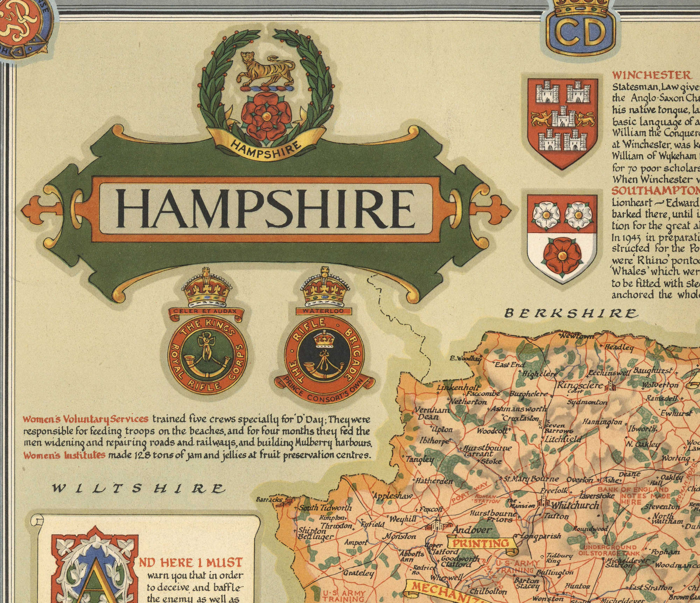 Ancienne carte du Hampshire en 1947 par Ernest Clegg - Southampton, Isle of Wight, Portsmouth, Bournemouth, Winchester