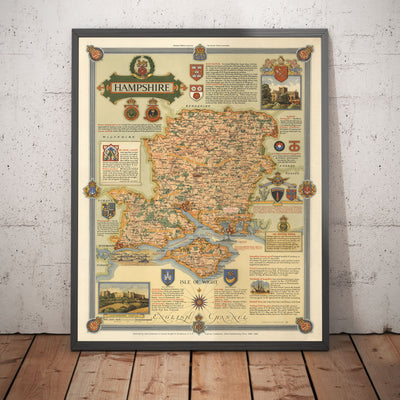 Antiguo mapa de Hampshire en 1947 por Ernest Clegg - Southampton, Isla de Wight, Portsmouth, Bournemouth, Winchester