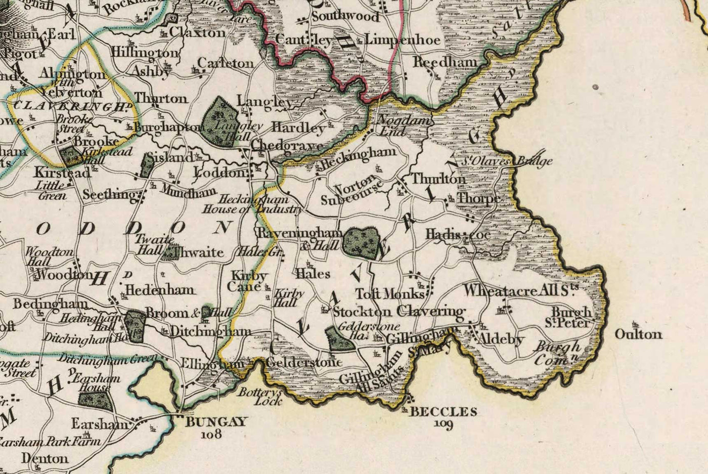 Ancienne carte du Norfolk en 1807 par John Cary - Norwich, Cromer, Great Yarmouth, Thetford, King's Lynn