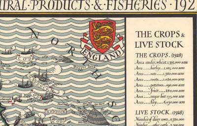 Mapa antiguo de la agricultura y la pesca en Inglaterra y Gales por Macdonald Gill - Aves de corral, Productos lácteos, Cultivos, Productos, Granjas