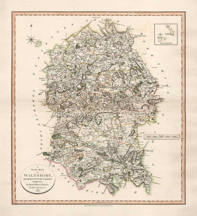 Antiguo mapa de Wiltshire en 1801 por John Cary - Swindon, Salisbury, Marlborough, Stonehenge, Trowbridge