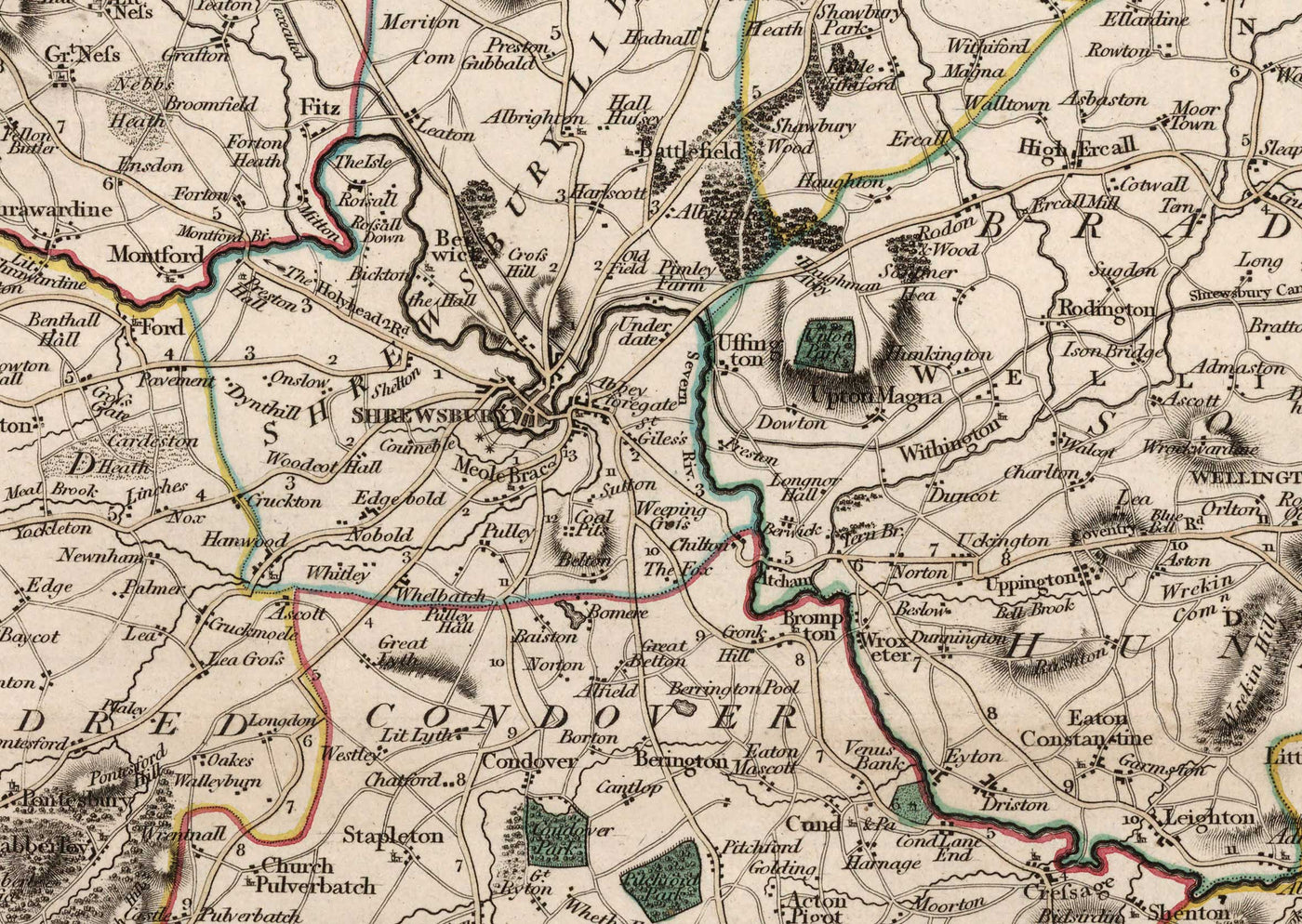 Ancienne carte du Shropshire en 1805 par John Cary - Shrewsbury, Bridgnorth, Ludlow, Ironbridge, Oswestry