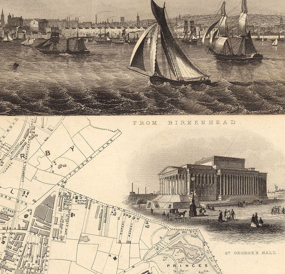 Old Monochrome Map of Liverpool by John Rapkin, 1851