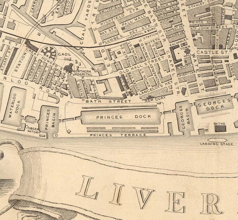 Antiguo mapa monocromo de Liverpool por John Rapkin, 1851