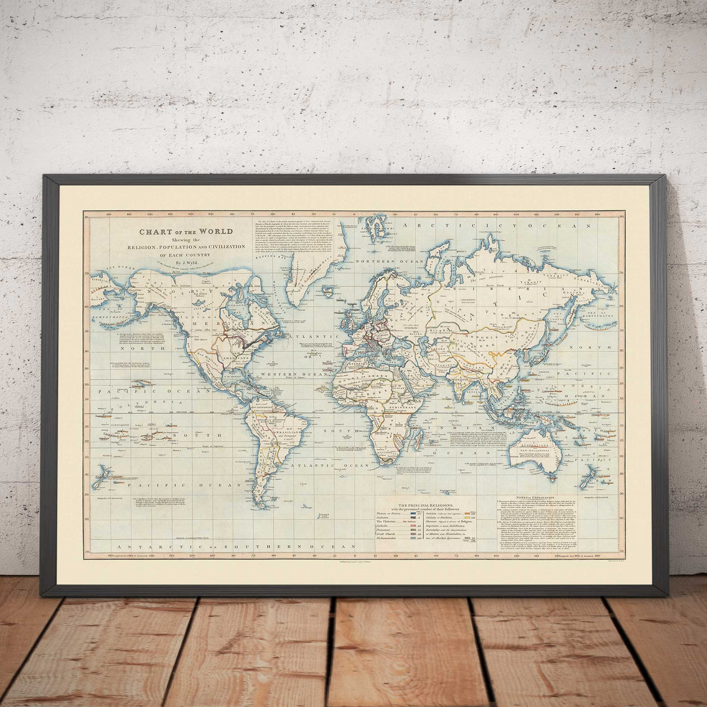 Ancienne carte du monde, 1818 par James Wyld - Tableau indiquant la religion, la population et la civilisation de chaque pays