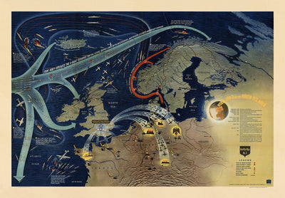 NavWarMap No. 3 - Old World War 2 Map, 1944 - Western Front, Allies vs. Nazi - US Navy Educational & Propaganda Map
